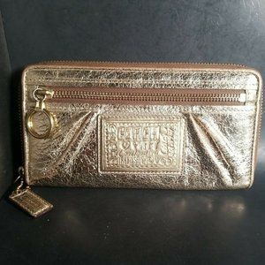 Coach Poppy Metallic Gold Corner Zip Envelope Wallet Zipper Pull Shinny Bling 8"
